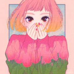 Rule 34 | 1girl, blonde hair, covering own mouth, dated, flower, gradient hair, highres, leaf, looking at viewer, multicolored hair, nail polish, original, pink flower, pink hair, pink nails, pink tulip, plaid nails, red eyes, signature, solo, tulip, u pandaruma, upper body, yellow nails