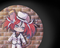Rule 34 | 1girl, :&lt;, animal ear fluff, animal ears, black hair, blue eyes, bow, breasts, brick wall, cheese, chibi, closed mouth, commentary, cowboy shot, ear piercing, english commentary, food, formal, frown, hair between eyes, hair ornament, hakos baelz, hat, hololive, hololive english, legs apart, long sleeves, monja (monja0521), mouse ears, mouse girl, mouse tail, multicolored eyes, multicolored hair, necktie, pants, piercing, red hair, red necktie, short twintails, solo, spotlight, suit, sweatdrop, tail, tail bow, tail ornament, twintails, twitter username, v-shaped eyebrows, virtual youtuber, white hair, white pants, white suit