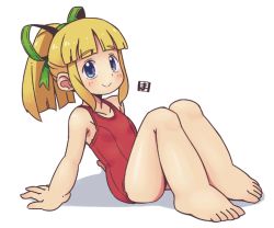 Rule 34 | 1girl, arm support, barefoot, blonde hair, blue eyes, blunt bangs, feet, female focus, leaning back, mawaru (mawaru), mega man (classic), mega man (series), one-piece swimsuit, red one-piece swimsuit, robot, roll (mega man), simple background, sitting, smile, solo, swimsuit, toes, umio (neptunia), white background