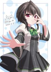 Rule 34 | 1girl, 2023, 9-nine-, black dress, black hair, blush, bow, breasts, chuunibyou, closed mouth, commentary request, cowboy shot, dated, dress, drop shadow, eyelashes, fingernails, foreshortening, frilled sleeves, frills, green bow, hair between eyes, hair intakes, hair ornament, hairclip, hand up, highres, juliet sleeves, long sleeves, looking at viewer, open hand, outstretched arm, puffy sleeves, red eyes, short dress, short hair with long locks, signature, simple background, small breasts, smile, smug, solo, standing, taiga sb, tsurime, twitter username, v over eye, white background, wide sleeves, yuuki noa