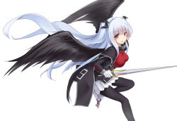 Rule 34 | 1girl, black cape, black pantyhose, black wings, blue hair, breasts, cape, cuffs, essex (warship girls r), feathered wings, floating hair, gloves, hair ornament, handcuffs, highres, holding, holding sword, holding weapon, large breasts, leg up, long hair, looking at viewer, numbered, pantyhose, pleated skirt, radish (artist), red eyes, skirt, solo, spread wings, sword, very long hair, warship girls r, weapon, white background, white gloves, white skirt, wings