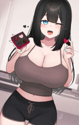 Rule 34 | 1girl, armpit crease, black hair, black shorts, blue-eyed girl (hayabusa), blue eyes, blue nails, blurry, blurry background, blush, box, box of chocolates, breasts, camisole, candy, chocolate, chocolate heart, cleavage, commentary request, dolphin shorts, double-parted bangs, drawstring, dutch angle, fingernails, food, grey camisole, hands up, hayabusa, heart, highres, holding, holding food, huge breasts, long fingernails, long hair, looking at viewer, midriff peek, nail polish, navel, one eye closed, open mouth, original, short shorts, shorts, signature, slit pupils, smile, solo, spaghetti strap, teeth, tongue, upper teeth only