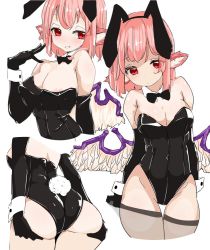 Rule 34 | 1girl, alternate costume, animal ears, areola slip, ass, bare shoulders, bird wings, breasts, cleavage, collar, cuffs, detached collar, elbow gloves, fake animal ears, gloves, leotard, multiple views, mystia lorelei, pink hair, playboy bunny, rabbit ears, rabbit tail, red eyes, short hair, strapless, strapless leotard, tail, thighhighs, torso (hjk098), touhou, wings, wrist cuffs