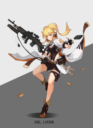 Rule 34 | ankle boots, battle rifle, black footwear, black gloves, black shorts, blonde hair, boots, breasts, cleavage, ear protection, fingerless gloves, full body, girls&#039; frontline, gloves, gun, holding, holding gun, holding weapon, jacket, leg up, long hair, looking at viewer, m14, m14 (girls&#039; frontline), mai (xskdizzy), medium breasts, necktie, open clothes, open jacket, pouch, red eyes, rifle, shell casing, short sleeves, shorts, smoke, solo, standing, standing on one leg, thigh strap, trigger discipline, twintails, two-tone background, waist cape, weapon, white jacket, zipper