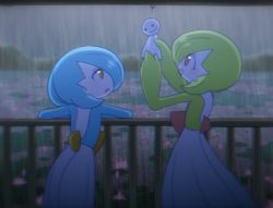 Rule 34 | 2girls, against railing, alternate color, back, blue hair, blue skin, blush, bob cut, colored skin, creatures (company), doll, female focus, flat chest, flower, from behind, game freak, gardevoir, gen 3 pokemon, green hair, green skin, grey sky, hair over one eye, hands up, happy, holding, holding doll, lake, leaning forward, light blush, lily pad, looking up, lotosu, lotus, lowres, multicolored skin, multiple girls, nintendo, open mouth, orange eyes, outdoors, pokemon, pokemon (creature), railing, rain, red eyes, shiny and normal, shiny pokemon, short hair, sky, smile, standing, teruterubouzu, two-tone skin, white skin