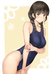 Rule 34 | 1girl, black hair, black one-piece swimsuit, blunt bangs, border, braid, brown eyes, collarbone, competition swimsuit, cowboy shot, hair over shoulder, hanasaku iroha, highleg, highleg swimsuit, highres, leaning forward, long hair, looking at viewer, one-piece swimsuit, oshimizu nako, serizawa (serizawaroom), solo, standing, swimsuit, twin braids, two-tone background, white border, yellow background