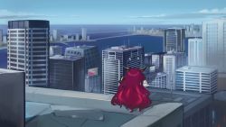 Rule 34 | 1girl, chibi, city, cityscape, commentary, detached wings, english commentary, highres, hololive, hololive english, horns, irys (hololive), long hair, mini person, minigirl, multicolored hair, ocean, outdoors, paintrfiend, purple hair, red hair, rooftop, sign, solo, very long hair, virtual youtuber, wings