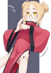 Rule 34 | 1girl, blonde hair, braid, china dress, chinese clothes, commentary request, doll joints, double bun, dress, glasses, grey background, hair bun, highres, iberis (ogami kazuki), joints, long sleeves, looking away, ogami kazuki, original, palm-fist greeting, parted lips, pelvic curtain, red dress, sidelocks, solo, two-tone background, white background, wide sleeves
