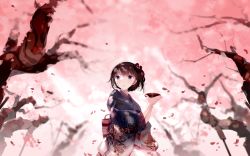 Rule 34 | 1girl, atha (leejuiping), blue kimono, blurry, blurry background, blush, brown hair, cherry blossoms, commentary request, cup, depth of field, floral print, flower, hair between eyes, hands up, highres, holding, holding cup, japanese clothes, kimono, obi, original, parted lips, pink flower, print kimono, purple eyes, sakazuki, sash, short sleeves, solo, striped clothes, striped kimono, tree, vertical-striped clothes, vertical-striped kimono, wide sleeves