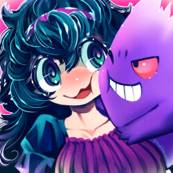 Rule 34 | 1girl, @ @, black hair, black sleeves, blue eyes, blush, breasts, close-up, collarbone, colored sclera, creatures (company), curly hair, facing viewer, game freak, gen 1 pokemon, gengar, ghost, grin, hair between eyes, hairband, hakkasame, happy, headband, hex maniac (pokemon), hug, long hair, looking at animal, looking to the side, medium breasts, multicolored eyes, musical note, nintendo, one eye closed, open mouth, pink background, pokemon, pokemon (creature), pokemon xy, purple eyes, purple hairband, purple headband, purple shirt, red sclera, ringed eyes, shirt, simple background, smile, tagme, teeth, torn clothes, torn shirt, upper body, wavy mouth, wide-eyed