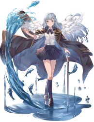 Rule 34 | 1girl, ayacho, black coat, black footwear, blue gemstone, blue hair, bow, bowtie, cane, character request, closed mouth, coat, coat on shoulders, collared shirt, commentary request, commission, dress shirt, feathered wings, floating hair, full body, gem, grey eyes, hand up, highres, holding, holding cane, hydrokinesis, kneehighs, light blue hair, loafers, long hair, looking at viewer, magic, miniskirt, pandora party project, pleated skirt, shirt, shoes, skeb commission, skirt, socks, solo, standing, walking, walking on liquid, water, white shirt, white wings, wings