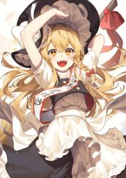 Rule 34 | 1girl, apron, arm up, black skirt, black vest, blonde hair, blush, bow, braid, broom, commentary request, cropped legs, hair between eyes, hair ribbon, hat, highres, jill 07km, kirisame marisa, long hair, looking at viewer, open mouth, puffy short sleeves, puffy sleeves, red bow, red ribbon, ribbon, shirt, short sleeves, simple background, single braid, skirt, solo, sparkle, star-shaped pupils, star (symbol), symbol-shaped pupils, teeth, touhou, upper body, upper teeth only, vest, white apron, white background, white shirt, witch hat