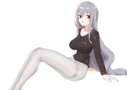 Rule 34 | 1girl, :o, alternate costume, arknights, arm support, breasts, collarbone, commentary, from side, inniyik, large breasts, long hair, long sleeves, looking at viewer, looking to the side, pantyhose, red eyes, silver hair, simple background, skadi (arknights), solo, very long hair, white background, white pantyhose