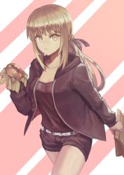 Rule 34 | 1girl, artoria pendragon (all), artoria pendragon (fate), bag, belt, belt buckle, blonde hair, breasts, buckle, burger, commentary request, cowboy shot, denim, denim shorts, eating, fate/grand order, fate (series), food, holding, holding bag, holding food, hood, hood down, hoodie, jacket, janoukyo19, long hair, long sleeves, looking at viewer, medium breasts, official alternate costume, pink background, ponytail, saber alter, saber alter (ver. shinjuku 1999) (fate), shorts, solo, striped, striped background, white background, yellow eyes