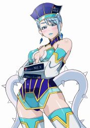 Rule 34 | 10s, 1girl, bare shoulders, blue eyes, blue hair, blue rose (tiger &amp; bunny), blush, breasts, cleavage, crossed arms, earrings, elbow gloves, gloves, hat, jewelry, jun (666), karina lyle, lipstick, looking at viewer, makeup, matching hair/eyes, nipples, pepsi nex, short hair, simple background, solo, superhero costume, thighhighs, tiger &amp; bunny, translucent, white background