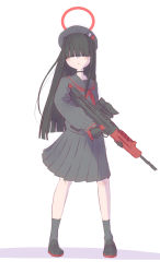Rule 34 | 1girl, assault rifle, beret, black footwear, black gloves, black hair, black legwear, black skirt, blue archive, blunt bangs, bullpup, covered eyes, gloves, gun, halo, hat, highres, hime cut, justice task force member (blue archive), kanaeco25, l85, light blush, long hair, neckerchief, red neckerchief, red stripes, rifle, sailor collar, school uniform, simple background, skirt, solo, trigger discipline, weapon, white background