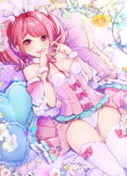 Rule 34 | 1girl, :d, animal ear fluff, animal ears, bang dream!, bare shoulders, bed, blue nails, bow, breasts, detached sleeves, dress, fake animal ears, flower, frills, heart, heart hands, highres, long hair, looking at viewer, lying, maruyama aya, medium breasts, nail polish, on back, open mouth, pillow, pink dress, pink eyes, pink hair, rabbit ears, ribbon, sidelocks, smile, solo, sunflower, thigh gap, thighhighs, tsurugi hikaru, twintails, white thighhighs, wrist cuffs