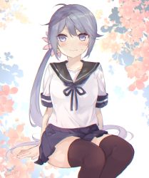 Rule 34 | 1girl, akebono (kancolle), akebono kai ni (kancolle), bell, black thighhighs, blue sailor collar, blue skirt, commentary request, floral background, flower, hair bell, hair flower, hair ornament, invisible chair, jingle bell, kantai collection, long hair, looking at viewer, pleated skirt, purple eyes, purple hair, saiki yuzuri, sailor collar, school uniform, serafuku, short sleeves, side ponytail, sitting, skirt, solo, thighhighs, very long hair, white background