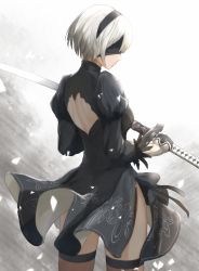 Rule 34 | 1girl, black dress, black hairband, cowboy shot, dress, grey background, hairband, highres, holding, holding sword, holding weapon, kou v05first, looking at viewer, looking back, nier (series), nier:automata, short dress, short hair, silver hair, solo, standing, sword, thighhighs, weapon, 2b (nier:automata)