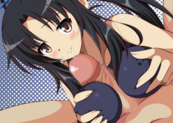 Rule 34 | 1boy, 1girl, black hair, blue one-piece swimsuit, blush, breasts, brown eyes, censored, covered erect nipples, grabbing own breast, hattori shizuka, hetero, isa (ni-iro), large penis, long hair, looking at viewer, medium breasts, one-piece swimsuit, paizuri, paizuri over clothes, penis, smile, strike witches, swimsuit, world witches series