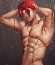 Rule 34 | 1boy, abs, arm tattoo, armpits, arms behind head, bara, bitaro, completely nude, fate/grand order, fate (series), groin, head tilt, leonidas (fate), looking at viewer, male focus, muscular, muscular male, navel, nipples, nude, out-of-frame censoring, parted bangs, pectorals, red hair, short hair, showering, sideburns, solo, stomach, tattoo, thick eyebrows, water drop, wet