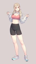 Rule 34 | 1girl, bike shorts, black shorts, blonde hair, bra, breasts, cleavage, commentary request, cropped jacket, drawstring, grey background, high-waist shorts, highres, jacket, large breasts, long hair, looking at viewer, low twintails, midriff, navel, original, pink bra, shoes, shorts, shrug (clothing), simple background, sneakers, solo, sports bra, standing, twintails, underwear, white jacket, yuuji (and)