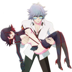 Rule 34 | 10s, 1boy, 1girl, blue hair, breasts, carrying, high heels, kill la kill, matoi ryuuko, mikisugi aikurou, multicolored hair, navel, necktie, nuppeppoh, princess carry, revealing clothes, senketsu, simple background, sunglasses, suspenders, thighhighs, two-tone hair, unconscious, underboob, white background