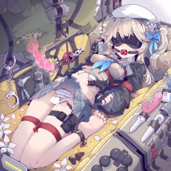 Rule 34 | 1girl, absurdres, animal penis, arms behind back, ball gag, barefoot, black blindfold, blindfold, blue neckerchief, bound, breasts, censored, character request, commentary request, dildo, full body, gag, gagged, girls&#039; frontline, grey hair, grey skirt, heart, heart censor, highres, hitachi magic wand, imazawa, knotted penis, long hair, lying, medium breasts, miniskirt, navel, neckerchief, on back, open mouth, paid reward available, penis, plaid, plaid skirt, pleated skirt, restrained, sex toy, side ponytail, skirt, soles, solo, toes, variant set, vibrator, wavy mouth, white headwear