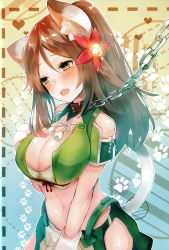 Rule 34 | 1girl, absurdres, amagi (kancolle), animal ear fluff, animal ears, animal hands, asymmetrical hair, bdsm, blush, breasts, brown eyes, brown hair, cat ears, cat tail, chain, collar, fang, flower, gloves, hair flower, hair ornament, high ponytail, highres, japanese clothes, kantai collection, kemonomimi mode, large breasts, leaf hair ornament, leash, long hair, looking at viewer, mole, mole under eye, navel, open mouth, paw gloves, pet play, ponytail, slave, suzuho hotaru, tail, wide ponytail