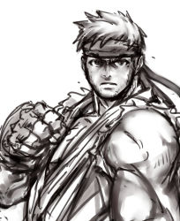 Rule 34 | 1boy, bad id, bad pixiv id, capcom, clenched hand, collarbone, fingerless gloves, gloves, greyscale, headband, looking at viewer, male focus, monochrome, muscular, ryu (street fighter), shibasaki shouji, simple background, solo, street fighter, white background