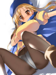 Rule 34 | 1girl, alena (dq4), blush, breasts, brown eyes, brown hair, chunsoft, crotch seam, dragon quest, dragon quest iv, enix, covered erect nipples, hat, hima, large breasts, long hair, panties, panties under pantyhose, pantyhose, pantyshot, solo, underwear, white panties