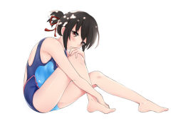 Rule 34 | 10s, 1girl, bare legs, barefoot, black hair, blue one-piece swimsuit, blush, breasts, brown eyes, closed mouth, competition swimsuit, from side, full body, hair ribbon, hand on own knee, highres, kimi no na wa., knees up, looking at viewer, medium breasts, miyamizu mitsuha, one-piece swimsuit, ponytail, red ribbon, ribbon, short hair, sidelocks, simple background, sitting, solo, stardust (chen&#039;ai weiding), swimsuit, thighs, white background