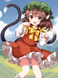 Rule 34 | 1girl, :d, animal ear fluff, animal ears, blush, boots, bow, bowtie, brown eyes, brown hair, cat ears, chen, cloud, commentary request, day, fang, gold trim, hair between eyes, hands up, happy, hat, highres, knees together feet apart, long sleeves, looking at viewer, mob cap, nekomata, open mouth, outdoors, paw pose, red skirt, red vest, ruu (tksymkw), skin fang, skirt, skirt set, smile, solo, standing, touhou, vest, yellow bow, yellow bowtie