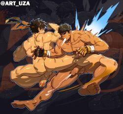 Rule 34 | 2boys, abs, absurdres, alternate facial hair, ass, bara, completely nude, coughing, cum, dark-skinned male, dark skin, dnf duel, dungeon and fighter, ejaculation, fighter (dungeon and fighter), foreskin, full body, grappler (dungeon and fighter), grin, half-erect, handsfree ejaculation, headband, highres, kicking, large pectorals, large penis, male brawler (dungeon and fighter), male fighter (dungeon and fighter), male focus, midair, multiple boys, muscular, muscular male, navel, nipples, nude, pectorals, penis, projectile cum, red headband, short hair, smile, stomach, strongman waist, thick thighs, thighs, uza (hellme), yaoi