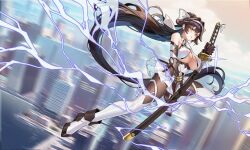 Rule 34 | 1girl, absurdres, azur lane, black hair, bow, breasts, building, cleavage, cleavage cutout, clothing cutout, covered erect nipples, elbow gloves, electricity, extra ears, gloves, green eyes, hair ears, hair flaps, high-waist pantyhose, highres, holding, holding sword, holding weapon, katana, knee up, large breasts, leotard, lightning, long hair, official alternate costume, pantyhose, ponytail, pool (lautomaton), ribbon, skyscraper, sparks, sword, takao (azur lane), takao (divine exorcist&#039;s blade) (azur lane), weapon, white bow, white leotard, white ribbon