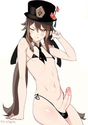 Rule 34 | 1boy, ;), ;q, alternate breast size, arm at side, arm support, arm up, armpit crease, artist name, bangs, bare arms, bare shoulders, bikini, black bikini, black headwear, black neckwear, black ribbon, blue ribbon, blush, bob cut, bow, censored, claw pose, closed mouth, collar, collarbone, commentary, covered erect nipples, cowboy shot, detached collar, english commentary, english text, erection, eyebrows visible through hair, flat chest, flower, from side, genderswap, genderswap (ftm), genshin impact, grey collar, hair between eyes, hair flaps, hair intakes, hair over shoulder, hat, hat bow, hat flower, hat ribbon, head down, head tilt, heart, heart censor, highleg, highleg bikini, highres, hu tao, leaning back, licking lips, light blush, light brown hair, light smile, long image, looking at viewer, micro bikini, multicolored, multicolored eyes, naughty face, navel, nebaneba, necktie, no shirt, one eye closed, orange eyes, parted bangs, penis, pink flower, ribbon, ribbon-trimmed collar, ribbon trim, ribs, shiny, shiny hair, shiny skin, shirtless, short hair, short hair with long locks, sidelocks, simple background, sitting, smile, solo, star-shaped pupils, star (symbol), stomach, string bikini, swept bangs, swimsuit, symbol-shaped pupils, tagme, tall image, testicles, testicles under clothes, thong, toned, toned male, tongue, tongue out, top hat, trap, tsurime, twitter username, two side up, v-shaped eyebrows, white background, wide image, yellow eyes