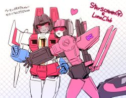 Rule 34 | 2girls, ^ ^, airplane wing, annoyed, aoi rena, arm cannon, blush, character name, clenched hand, closed eyes, decepticon, closed eyes, genderswap, genderswap (mtf), heart, highres, hug, looking down, lunaclub, mecha, multiple girls, no humans, robot, starscream, transformers, venus symbol, weapon, yuri
