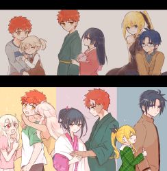 Rule 34 | 3boys, 4girls, age progression, aged down, ball, black hair, blonde hair, blue eyes, blue hair, blush, brother and sister, chloe von einzbern, commentary request, dual persona, emiya shirou, emiya shirou (prisma illya), erica ainsworth, fate/kaleid liner prisma illya, fate (series), floral print, highres, holding, holding another&#039;s arm, holding ball, hug, hug from behind, illyasviel von einzbern, japanese clothes, julian ainsworth, kimono, looking at another, miyu edelfelt, multicolored hair, multiple boys, multiple girls, orange hair, ponytail, red eyes, saihara, scar, scar on face, siblings, smile, streaked hair, sweatdrop, twintails, white hair, yellow eyes