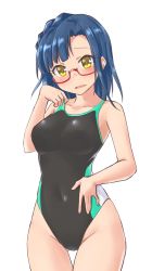 Rule 34 | 1girl, aimobake, bare arms, bare shoulders, black one-piece swimsuit, blue hair, blush, braid, breasts, collarbone, commentary request, competition swimsuit, covered navel, glasses, gluteal fold, groin, hand up, head tilt, highres, idolmaster, idolmaster million live!, long hair, looking at viewer, looking over eyewear, medium breasts, nanao yuriko, one-piece swimsuit, parted lips, red-framed eyewear, semi-rimless eyewear, sidelocks, simple background, smile, solo, standing, swimsuit, thigh gap, thighs, under-rim eyewear, white background, yellow eyes