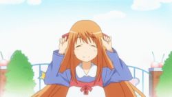 animated animated_gif blush bouncing_breasts breasts closed_eyes hanamaru_youchien large_breasts long_hair lowres smile solo yamamoto_nanako