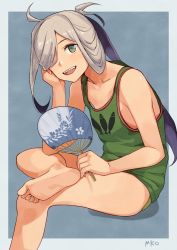 Rule 34 | 1girl, ahoge, alternate costume, asashimo (kancolle), banned artist, barefoot, crossed legs, feet, flat chest, green panties, green tank top, grey eyes, hair over one eye, hand fan, head rest, holding, holding fan, kantai collection, long hair, looking at viewer, makio (makiomeigenbot), multicolored hair, open mouth, panties, ponytail, purple hair, sharp teeth, signature, simple background, soles, solo, tank top, teeth, underwear