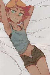 Rule 34 | 10s, 1girl, :t, amanda o&#039;neill, armpits, bed sheet, feason, female focus, flat chest, green eyes, little witch academia, looking at viewer, lying, midriff peek, on back, open clothes, open shorts, orange hair, panties, short hair, shorts, solo, tank top, underwear, white panties