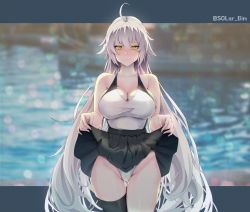 Rule 34 | 1girl, absurdres, ahoge, backlighting, bare shoulders, black legwear, black skirt, blurry, blurry background, blush, breasts, cleavage, closed mouth, clothes lift, fate/grand order, fate (series), high-waist skirt, highleg, highleg swimsuit, highres, huge filesize, jeanne d&#039;arc (fate), jeanne d&#039;arc alter (avenger) (fate), jeanne d&#039;arc alter (fate), large breasts, lifted by self, long hair, looking at viewer, one-piece swimsuit, silver hair, skirt, skirt lift, solar (happymonk), solo, swimsuit, very long hair, white one-piece swimsuit, yellow eyes