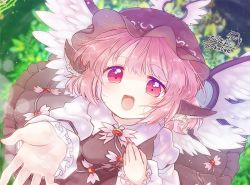 Rule 34 | 1girl, :d, animal ears, biyon, blush, brown hat, foreshortening, from above, hat, jewelry, long sleeves, looking at viewer, mystia lorelei, night, open mouth, pink hair, reaching, reaching towards viewer, short hair, smile, solo, touhou, wings
