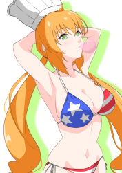 Rule 34 | 1girl, absurdres, american flag bikini, armpits, arms behind head, bikini, blonde hair, breasts, chewing gum, cleavage, flag print, green eyes, highres, large breasts, looking at viewer, low twintails, monica adenauer, navel, smile, solo, swimsuit, twintails, yakitate!! japan