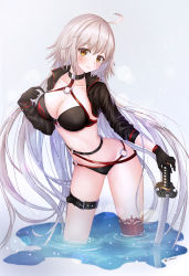 Rule 34 | 1girl, ahoge, bikini, black bikini, black gloves, blush, breasts, brown eyes, caba (caba091), cleavage, closed mouth, collarbone, fate/grand order, fate (series), gloves, groin, halterneck, highres, holding, holding sword, holding weapon, jeanne d&#039;arc alter (swimsuit berserker) (fate), jeanne d&#039;arc (fate), jeanne d&#039;arc alter (fate), jeanne d&#039;arc alter (swimsuit berserker) (fate), katana, large breasts, leaning forward, leg belt, long hair, long sleeves, looking at viewer, navel, red thighhighs, shrug (clothing), silver hair, single thighhigh, solo, stomach, swimsuit, sword, thighhighs, twitter username, very long hair, wading, water, weapon