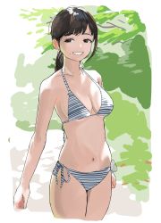 Rule 34 | 1girl, bikini, black hair, breasts, cleavage, grin, half-closed eyes, highres, large breasts, long hair, looking at viewer, low ponytail, mole, navel, original, pdal (pdalhhh), ponytail, smile, solo, swimsuit