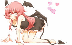 Rule 34 | 1girl, all fours, bad id, bad pixiv id, bare arms, bare shoulders, barefoot, bat wings, black dress, braid, breasts, cleavage, collarbone, demon girl, demon tail, demon wings, dress, head wings, heart, high heels, koakuma, long hair, non (z-art), red dress, red eyes, shoes, unworn shoes, simple background, single braid, small breasts, smile, solo, tail, touhou, very long hair, wallpaper, white background, wings, wrist cuffs