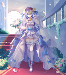 Rule 34 | 1girl, absurdres, bare shoulders, bell, blue bow, blue hair, bouquet, bow, bridal veil, bride, commentary request, cowbell, detached collar, dress, earrings, fingernails, flower, fujiko sugi, ganyu (genshin impact), genshin impact, hair bow, hair flower, hair ornament, highres, holding, holding bouquet, jewelry, light blush, long fingernails, long hair, looking at viewer, nail polish, neck bell, petals, pink nails, purple eyes, red carpet, short dress, smile, solo, stairs, standing, thighhighs, veil, wedding dress, white dress, white sleeves, white thighhighs, zettai ryouiki