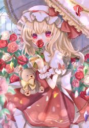 Rule 34 | 1girl, animal ears, ascot, back bow, bear ears, blonde hair, blue flower, blue rose, blue sky, blush, bow, bush, cloud, cloudy sky, collared dress, commentary request, covering own mouth, crystal, dark-skinned female, dark skin, dorowa (drawerslove), dress, eyelashes, eyes visible through hair, flandre scarlet, flower, frills, garden, hair between eyes, hand up, hat, hat ornament, hat ribbon, heart, heart in eye, highres, holding, holding umbrella, jewelry, leaf, light, looking at viewer, mob cap, multicolored eyes, multicolored wings, one side up, pink eyes, pink flower, pink rose, puffy short sleeves, puffy sleeves, purple flower, purple rose, red bow, red dress, red flower, red ribbon, red rose, ribbon, rose, shadow, shirt, short hair, short sleeves, sitting, sky, solo, sparkle, star (symbol), stuffed animal, stuffed toy, sunlight, symbol in eye, teddy bear, touhou, umbrella, white bow, white flower, white hat, white rose, white shirt, wings, wrist cuffs, yellow ascot, yellow bow